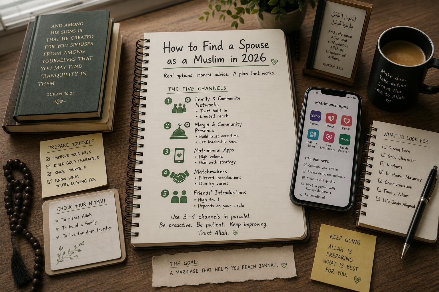 A desk with various checklists about how to find a spouse, and various items like a phone, notes, a mug, etc. all with writing about finding a spouse.