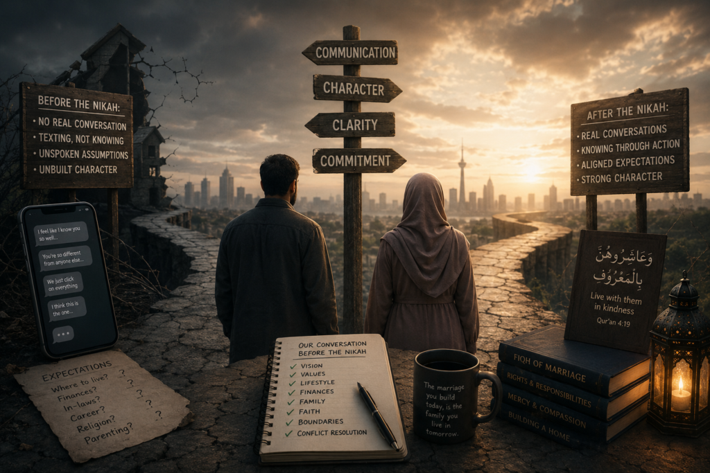 A backshot of a man and woman at a crossroad. One is looking standing in front of one road, the other is standing in front of the other, while standing side by side.